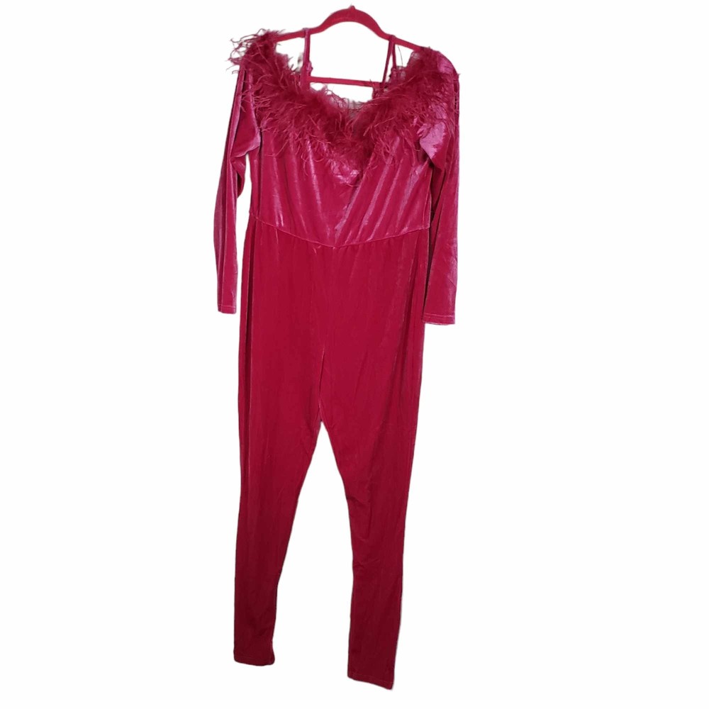 Fashion Nova Plus size 1X Fuchsia Pink Silvia Off Shoulder Velvety Jumpsuit NWT